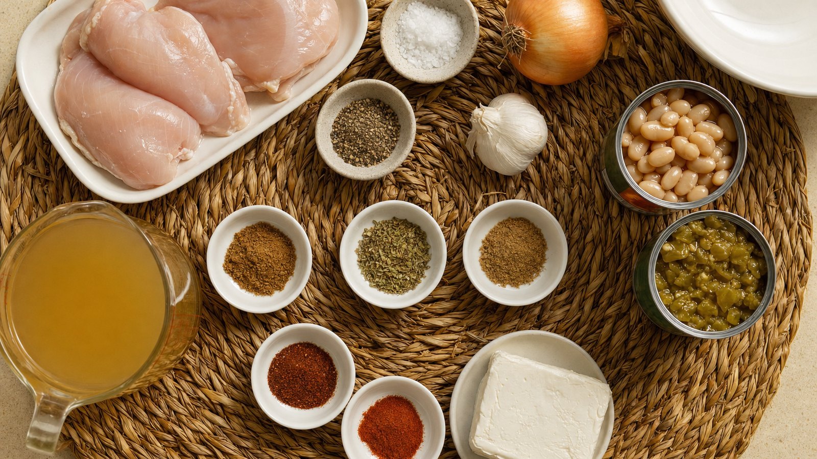 Ingredients for Slow Cooker White Chicken Chili laid out on the table