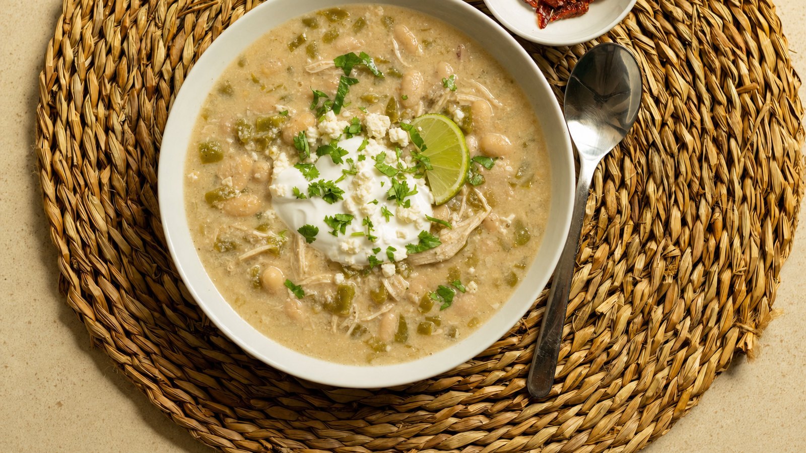 Slow Cooker White Chicken Chili, plated and ready to serve