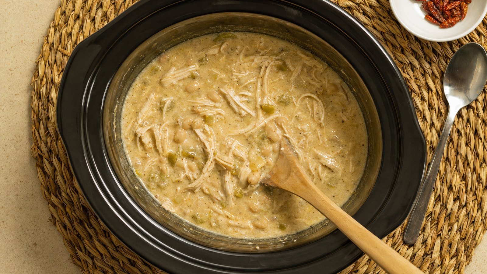 Slow Cooker White Chicken Chili: Return the shredded chicken to the slow cooker. Add the softened cream cheese and half and half. Stir until th