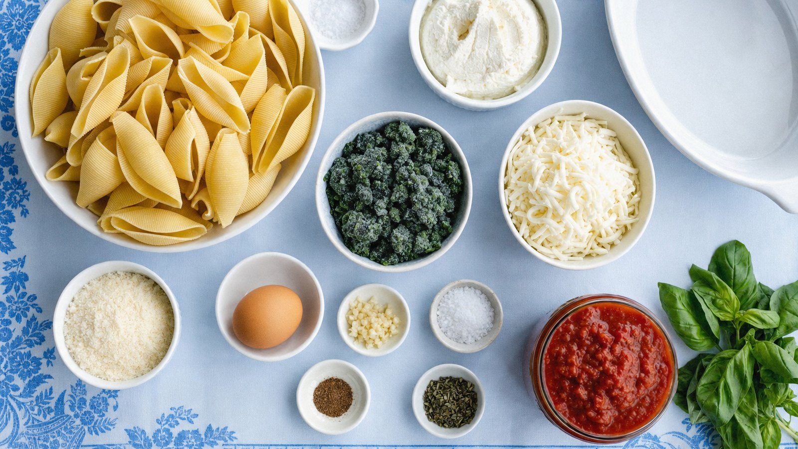 Ingredients for Stuffed Shells with Spinach and Ricotta laid out on the table