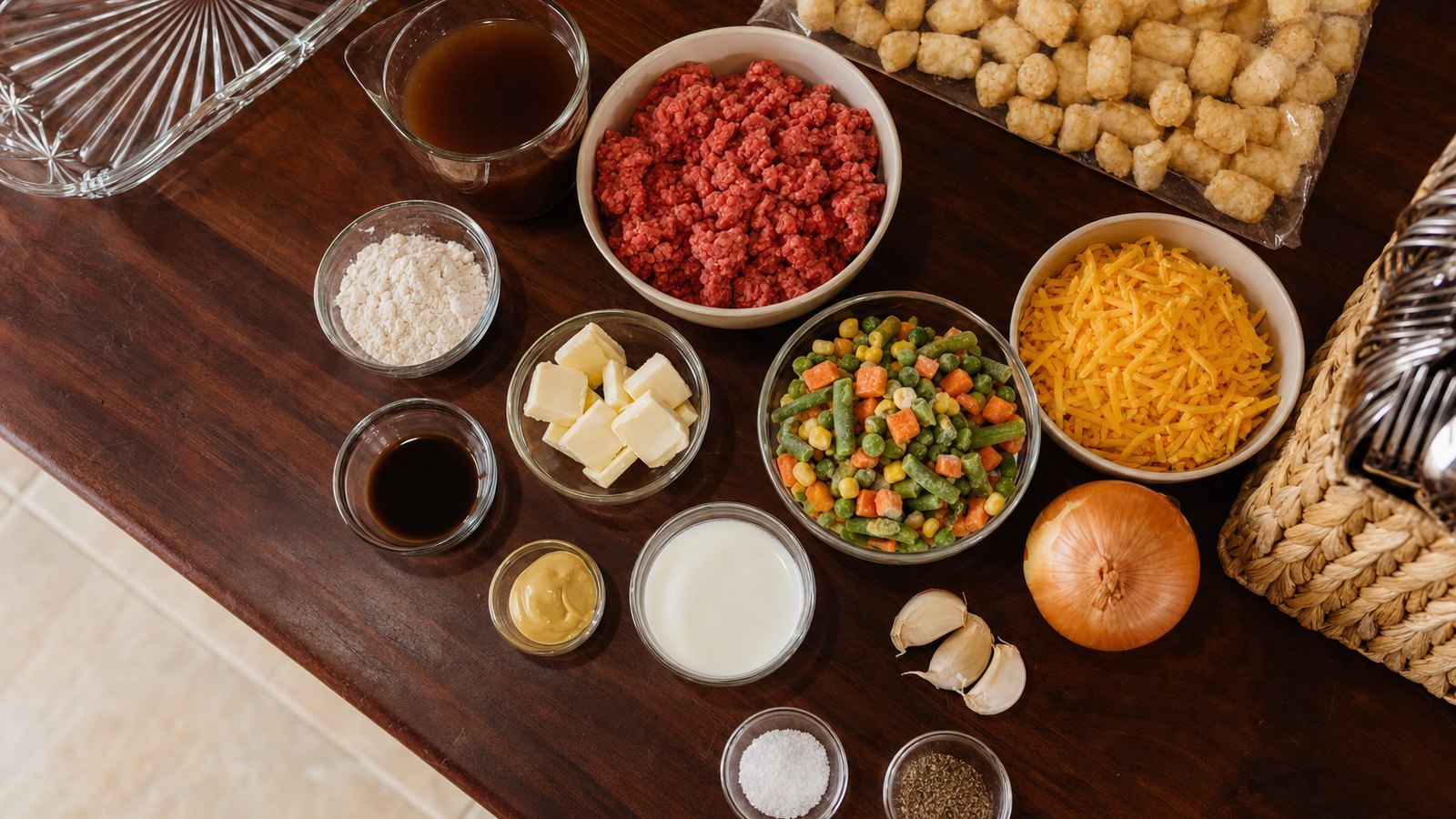 Ingredients for Tater Tot Casserole laid out on the table