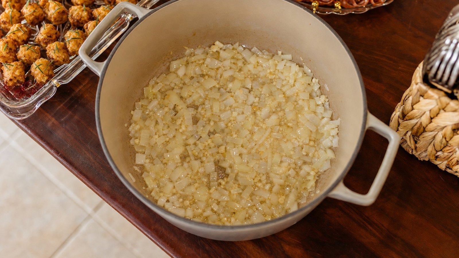Tater Tot Casserole: Add the onion and cook for 4 to 5 minutes until soft. Stir in the garlic and cook for 30 seconds