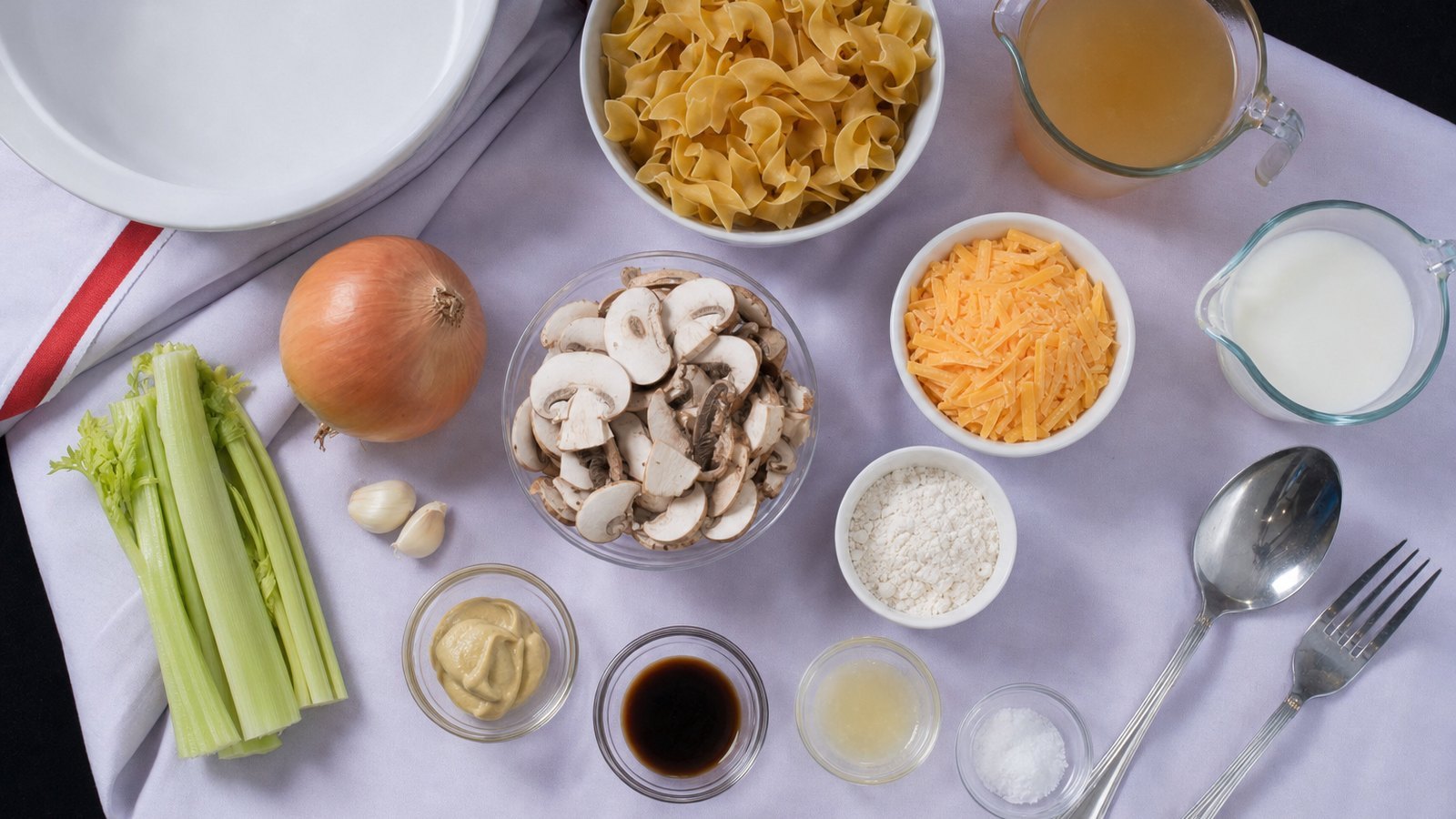Ingredients for Tuna Noodle Casserole laid out on the table