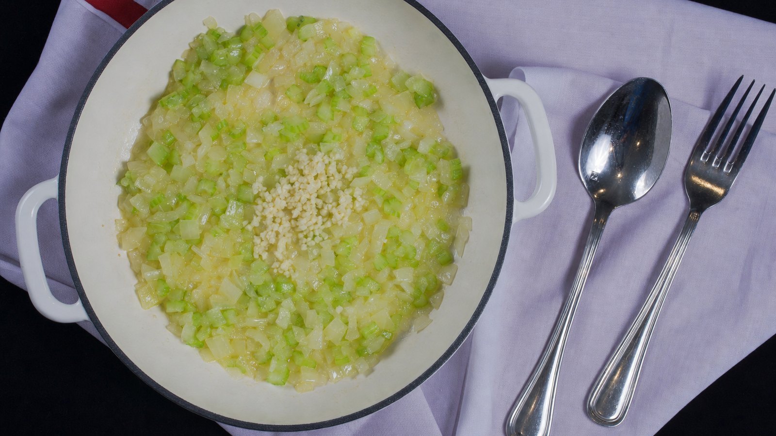 Tuna Noodle Casserole: Add the onion and celery with a pinch of salt. Cook for 5 minutes until soft. Stir in the garlic for 30 second