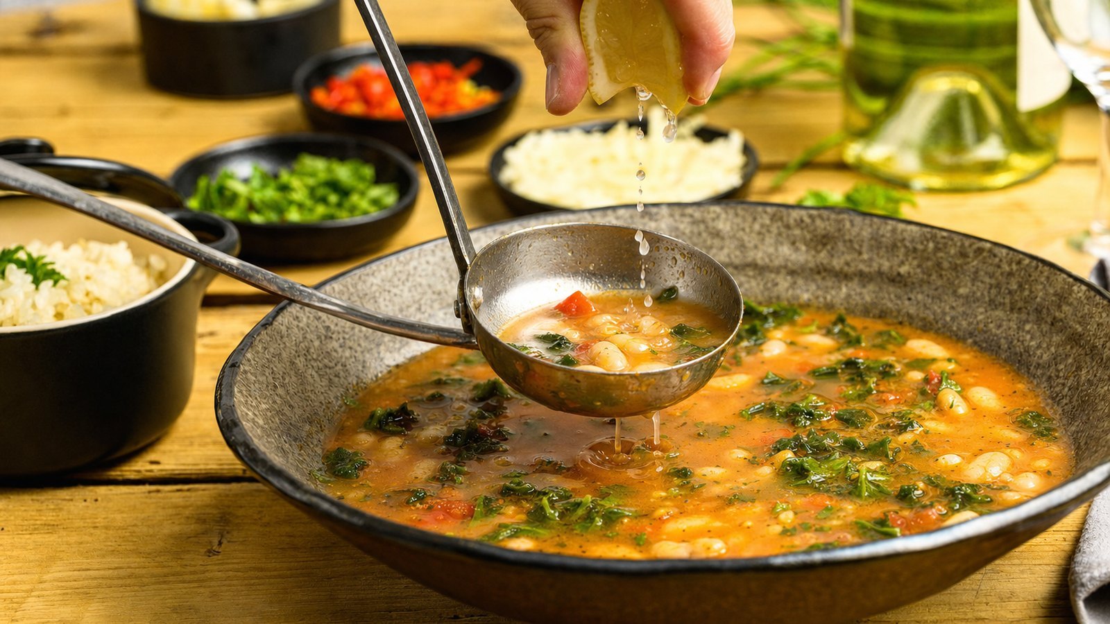 Tuscan White Bean Soup with Kale: Remove the bay leaves, rosemary stem and Parmesan rind. Stir in the lemon juice and black pepper. Taste and ad