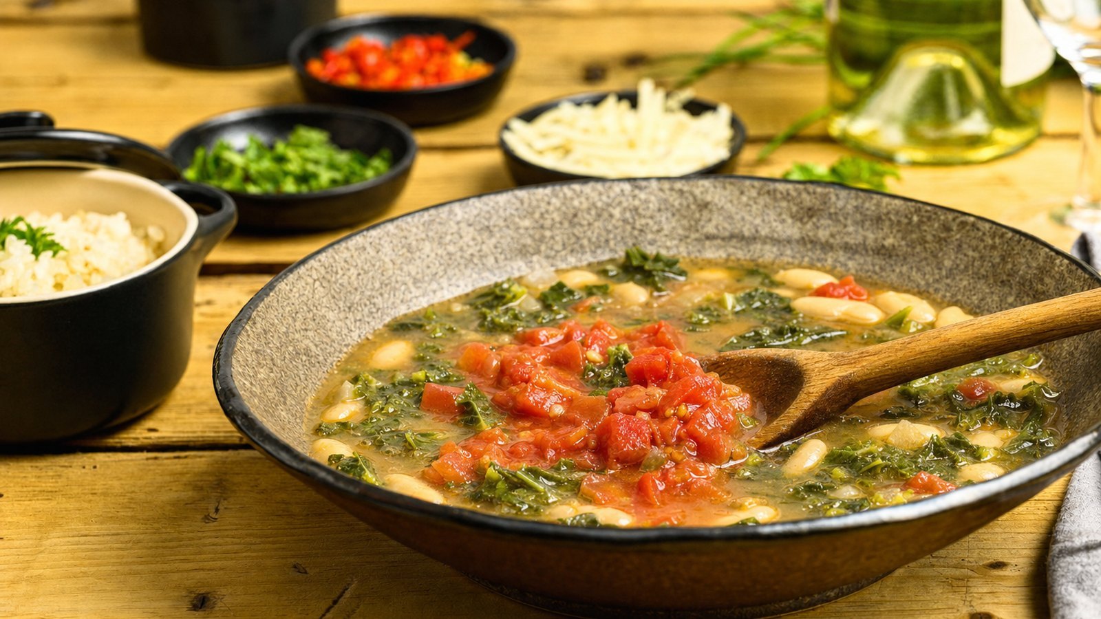 Tuscan White Bean Soup with Kale: Add the diced tomatoes with their juice and cook for 2 to 3 minutes, stirring, until slightly thickened