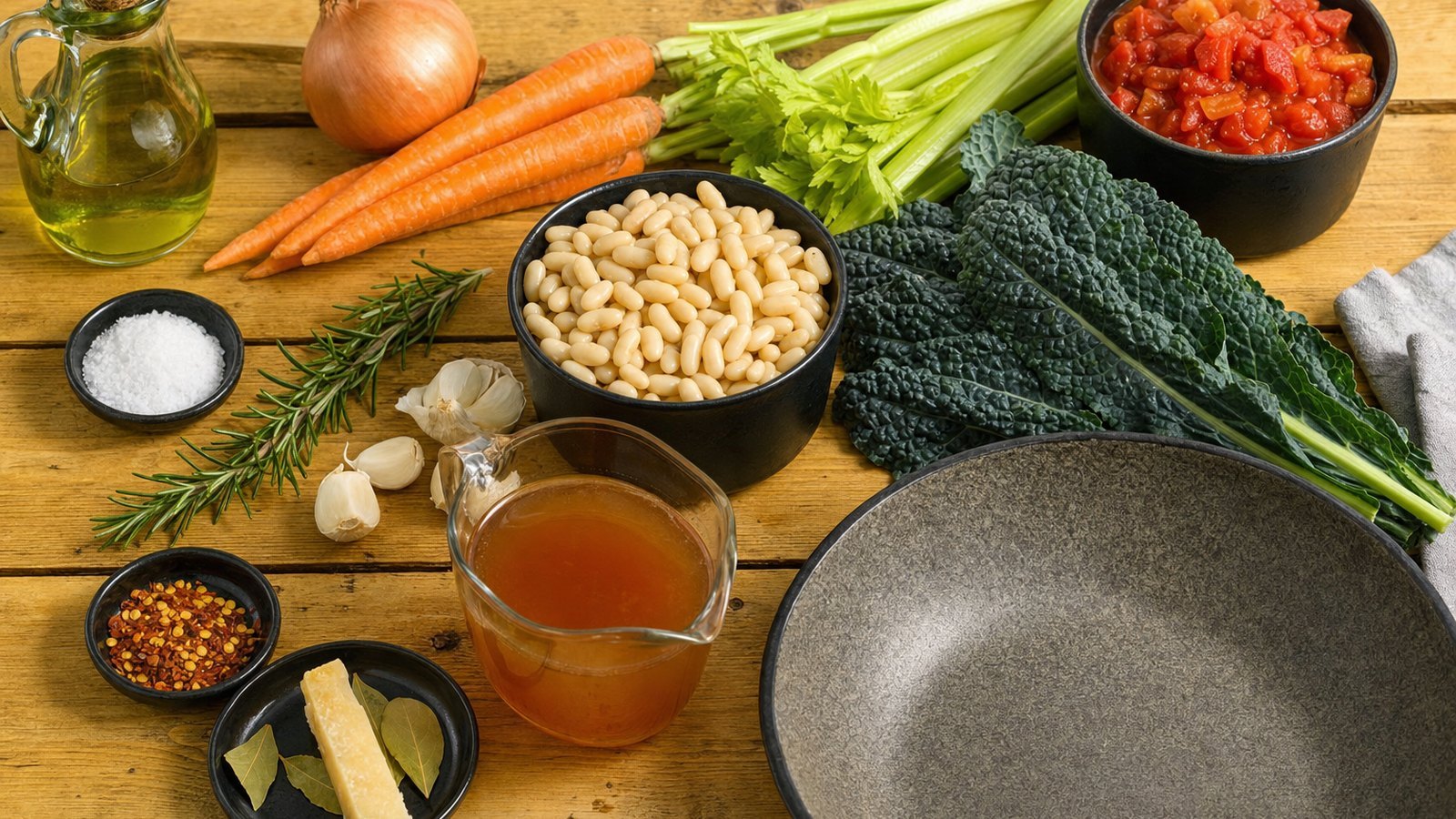 Ingredients for Tuscan White Bean Soup with Kale laid out on the table