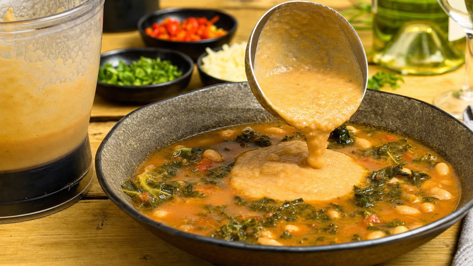Tuscan White Bean Soup with Kale: Ladle about 1 1/2 cups of the soup, mostly beans, into a blender or bowl and puree until smooth. Stir the pure