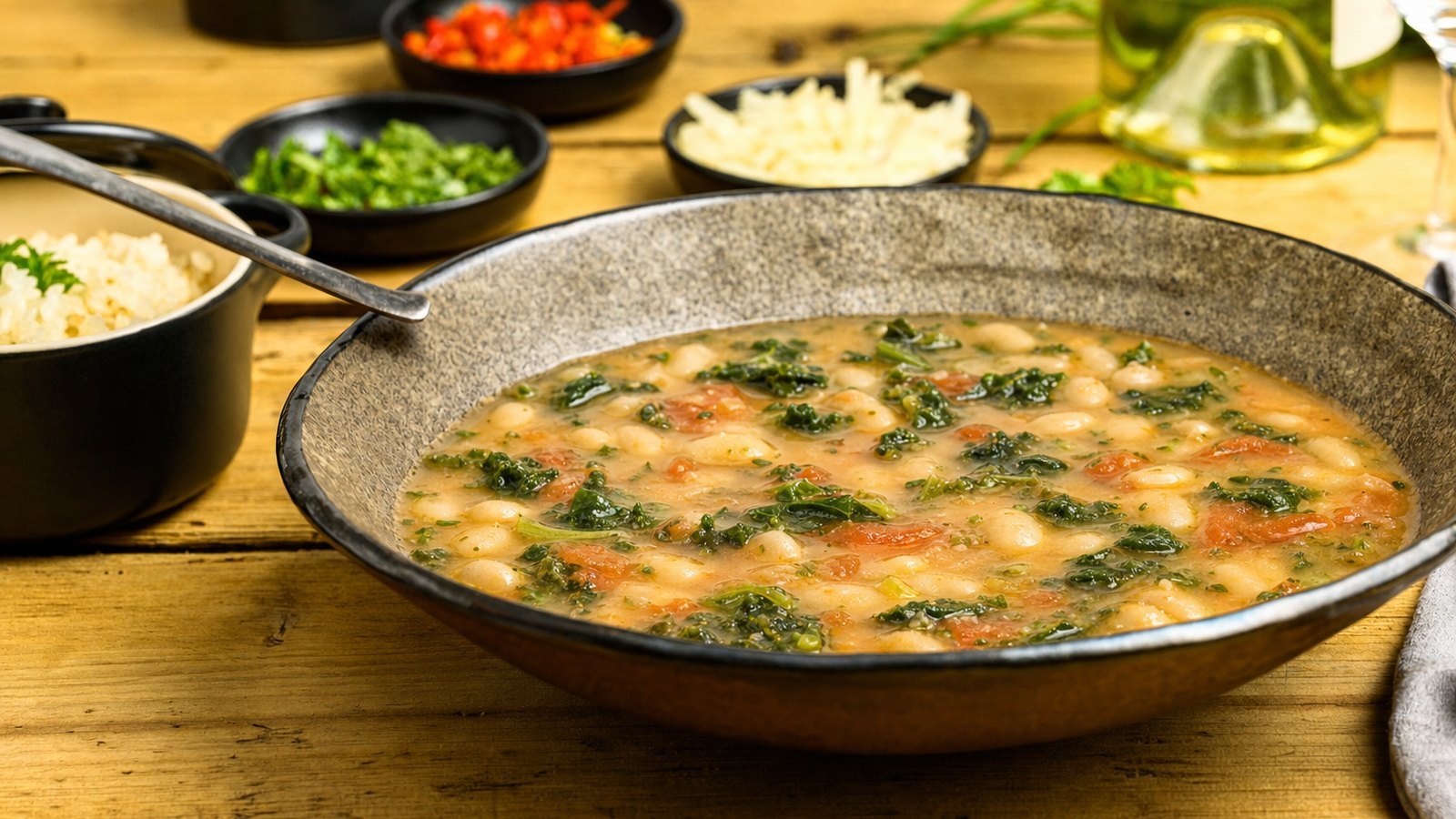 Tuscan White Bean Soup with Kale, plated and ready to serve